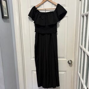 Black Two Piece Set with Cropped Ruffle Top and Palazzo Pants